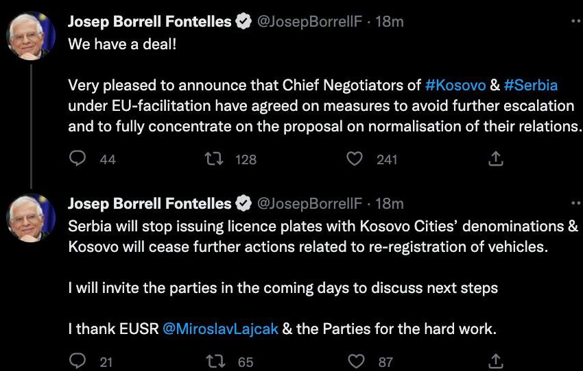  Сербия и Косово достигли соглашения по проблеме автомобильных номеров и предотвращению эскалации