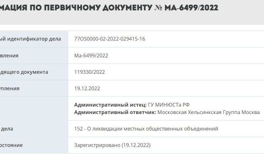 Минюст потребовал ликвидировать «Московскую Хельсинкскую группу»
